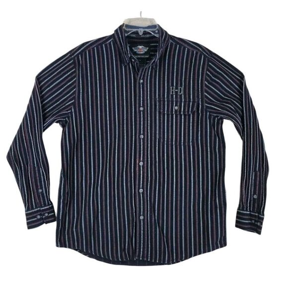 Harley Davidson Button Up Shirt Mens L Black Gray Striped LS Embroidered Logo - Picture 10 of 13